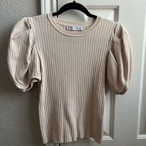 Zara Cream Ribbed Puff Sleeve Top